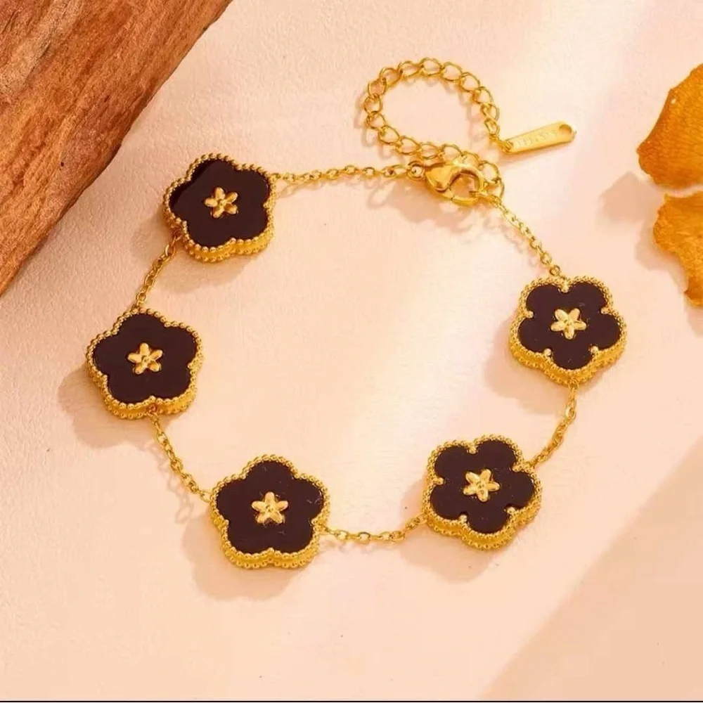 18K Gold Black Plum Blossom 5 Leaf  Necklace, Earrings & Bracelet Set No Fade